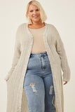 HDY6196 Oatmeal Womens Textured Stripe Loose Knit Side Slit Duster Side