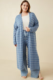 HDY7116W BLUE Plus Loose Knit Striped Open Duster Full Body