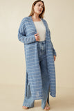 HDY7116W BLUE Plus Loose Knit Striped Open Duster Back