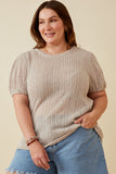 HDY7144W BROWN Plus Ribbed Knit Textured Puff Sleeve Top Front