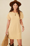 HDY8410 Womens Gathered Puff Sleeve French Terry Knit Dress Front
