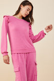 HDY8779 Fuchsia Womens Ruffled Long Sleeve French Terry Knit Top Front