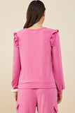 HDY8779 Fuchsia Womens Ruffled Long Sleeve French Terry Knit Top Side