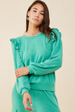 HDY8779W Green Plus Ruffled Long Sleeve French Terry Knit Top Front