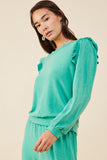 HDY8779W Green Plus Ruffled Long Sleeve French Terry Knit Top Full Body