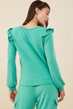 HDY8779W Green Plus Ruffled Long Sleeve French Terry Knit Top Side