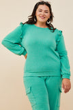 HDY8779 Green Womens Ruffled Long Sleeve French Terry Knit Top Front