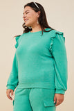 HDY8779 Green Womens Ruffled Long Sleeve French Terry Knit Top Full Body