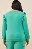 HDY8779 Green Womens Ruffled Long Sleeve French Terry Knit Top Side