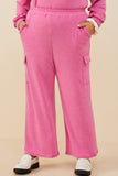 HDY8781 Fuchsia Womens Elastic Waist French Terry Knit Cargo Pants Front