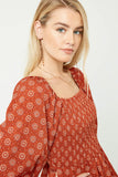 HJ1327 Rust Womens Puff Sleeve Smocked Peplum Top Detail