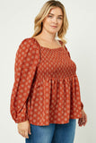 HJ1327 Rust Womens Puff Sleeve Smocked Peplum Top Front