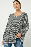 Plus Striped Knit Puff Sleeve Peplum Top Whole Body