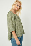 Hj3052 Olive Womens Printed Square Neck Long Sleeve Top-Side