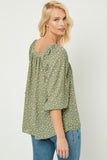 Hj3052 Olive Womens Printed Square Neck Long Sleeve Top-Back