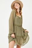 HJ3146 OLIVE Womens Tiered Ditsy Print Long Sleeve Dress Side