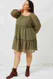 HJ3146 OLIVE Womens Tiered Ditsy Print Long Sleeve Dress Back