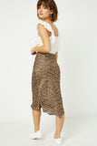 HJ3170W Brown Plus Satin Leopard Printed Midi Skirt Front