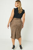 HJ3170 Brown Womens Satin Leopard Printed Midi Skirt Detail