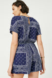 HJ3373W Navy Plus Bandana Print Pocket Knit Romper Detail