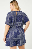 HJ3373 Navy Womens Bandana Print Pocket Knit Romper Pose