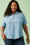 HK1010 Light Denim Womens Washed Tencel Pocketed Collared Shirt Alternate Angle