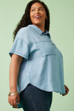 HK1010 Light Denim Womens Washed Tencel Pocketed Collared Shirt Front