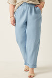 HK1011 Light Denim Womens Washed Tencel Elastic Waist Wideleg Pants Side