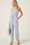 HK1012 Blue Womens Drawstring Waist Button Detail Tank Jumpsuit Pose