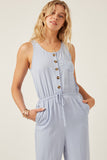 HK1012W Blue Plus Drawstring Waist Button Detail Tank Jumpsuit Full Body