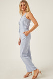 HK1012W Blue Plus Drawstring Waist Button Detail Tank Jumpsuit Gif