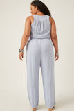 HK1012 Blue Womens Drawstring Waist Button Detail Tank Jumpsuit Side