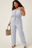 HK1012 Blue Womens Drawstring Waist Button Detail Tank Jumpsuit Back