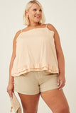 HK1057 Peach Womens Lace Trim Ruffled Hem Tank Front