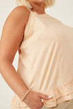 HK1057 Peach Womens Lace Trim Ruffled Hem Tank Detail