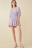 HK1136 LAVENDER Womens Smocked Shadow Striped Ruffled Romper Gif