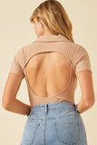 HK1147W TAUPE Plus Back Cutout Collared Rib Bodysuit Side 2