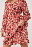 HK1170W RUST Plus Floral Print Cinched Cuff Wrap Dress Front