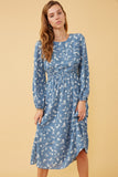 HK1184W Blue Plus Floral Print Side Smocked Long Sleeve Dress Full Body