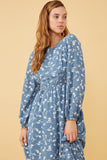 HK1184W Blue Plus Floral Print Side Smocked Long Sleeve Dress Front