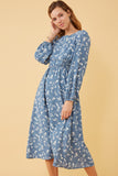 HK1184W Blue Plus Floral Print Side Smocked Long Sleeve Dress Side