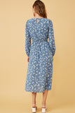 HK1184W Blue Plus Floral Print Side Smocked Long Sleeve Dress Back