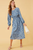 HK1184W Blue Plus Floral Print Side Smocked Long Sleeve Dress Alternate Angle