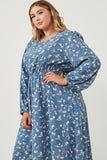 HK1184 Blue Womens Floral Print Side Smocked Long Sleeve Dress Detail