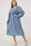 HK1184 Blue Womens Floral Print Side Smocked Long Sleeve Dress Full Body