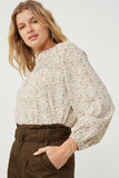 HK1194W Ivory Plus Ditsy Print Smocked Detail Long Sleeve Top Alternate Angle