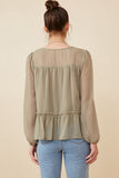 HK1219W Olive Plus Button up Ruffle Detailed Textured Chiffon Shirt Back