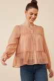 HK1219 SALMON Womens Button up Ruffle Detailed Textured Chiffon Shirt Back