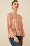 HK1219W Salmon Plus Button up Ruffle Detailed Textured Chiffon Shirt Front