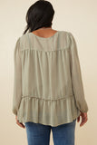 HK1219 OLIVE Womens Button up Ruffle Detailed Textured Chiffon Shirt Side